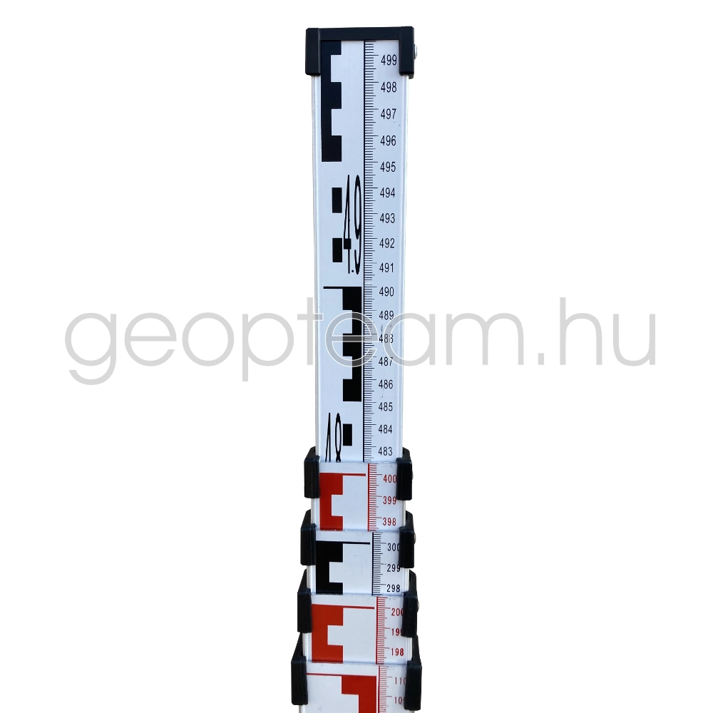 teleszkópikus alumímium szintezőléc, 5 m, elől E és mm skálás